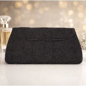 Hato Hasi Black Beaded Vintage Japan Satin Lined Clutch Evening Formal Purse EUC